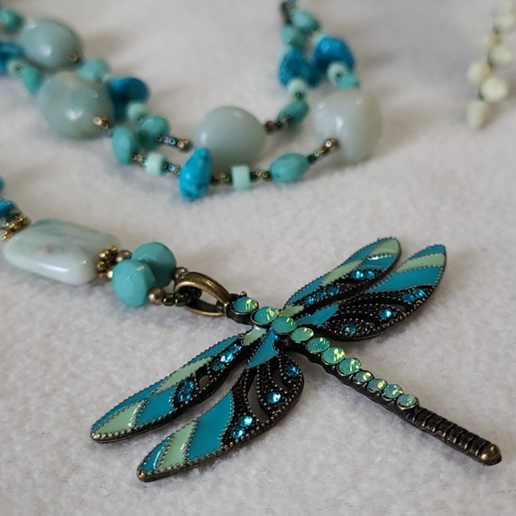 Dragonfly Artisan Necklace Hand Crafted Beaded Turquoise Stones Crystals 16.5" - Picture 14 of 14